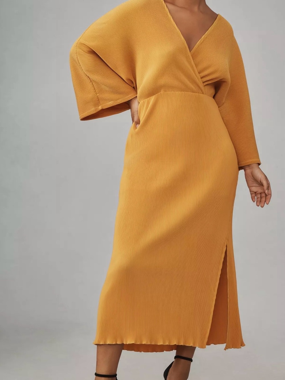 Plisse V-Neck Wrap Midi Dress by Anthropologie sz 2X Golden Mustard